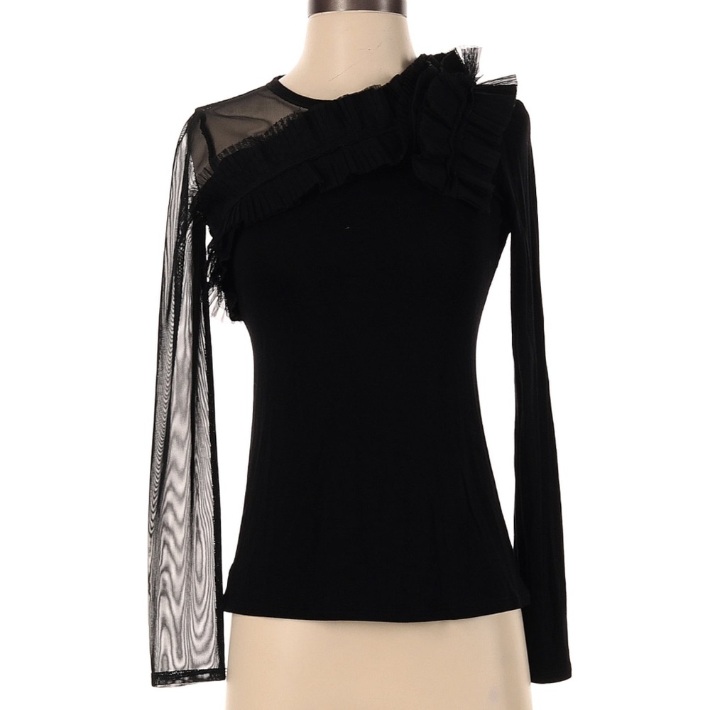 BCBGMAXAZRIA BLACK LONG SLEEVE RUFFLE TRIM TOP